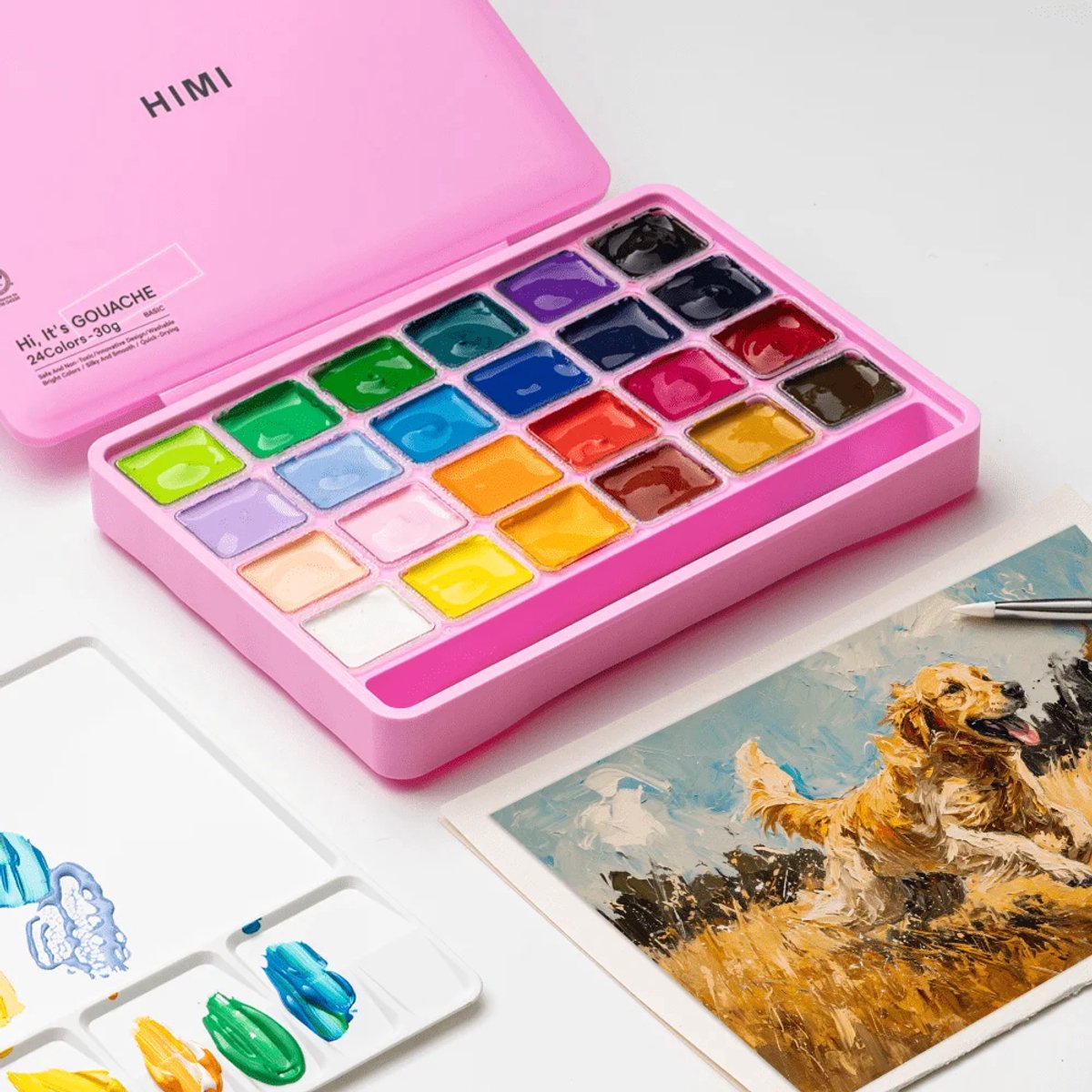 HIMI - Gouache - set van 24 kleuren - 30g - 3 penselen - Roze — afbeelding 5