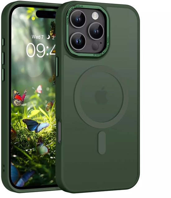 Coque de téléphone vert foncé autour d'un iPhone avec un fond d'écran à thème papillon, avec cercle MagSafe.