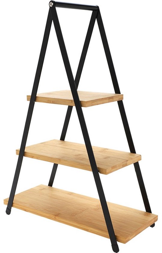 Drie-laags etagère met een zwart metalen frame en houten bladen. De etagère heeft een A-vormig frame.