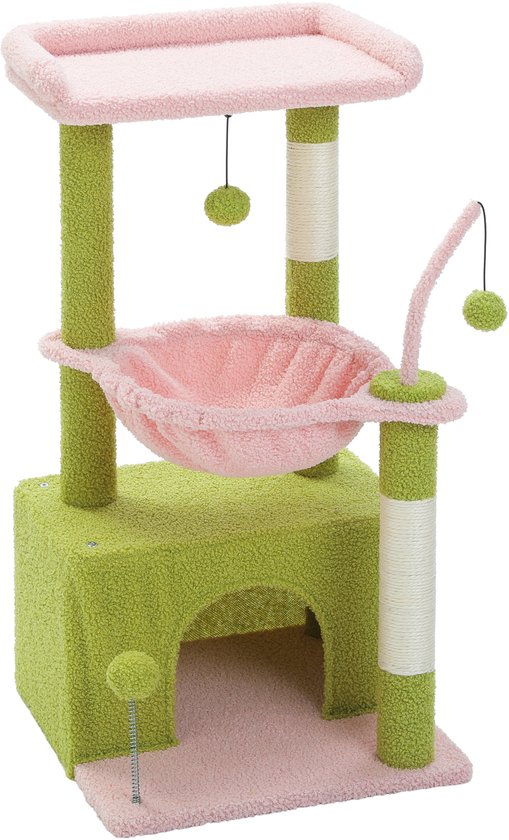 Kattenkrabpaal met groene, cactus-achtige palen, roze zitvlakken en een roze hangmat. De krabpaal staat op een witte achtergrond.