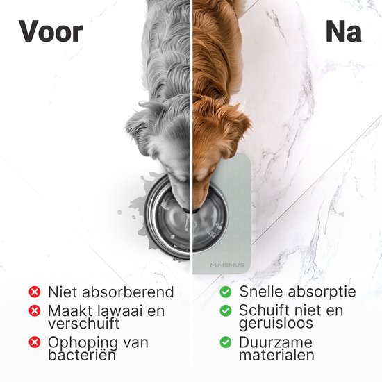 Voor: grijze hond met gewone kom, natte vlekken, 'Niet absorberend'. Na: bruine hond met Minismus kom, droog, 'Snelle absorptie'.