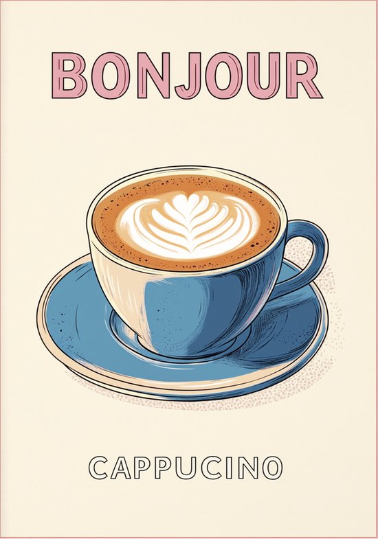 Bonjour Cappuccino' Poster Ingelijst | Minimalistische Koffie Wanddecoratie met Retro Illustratie | A3 (30 x 40cm) Formaat met Lijst | Perfect voor Keuken of Koffiehoek