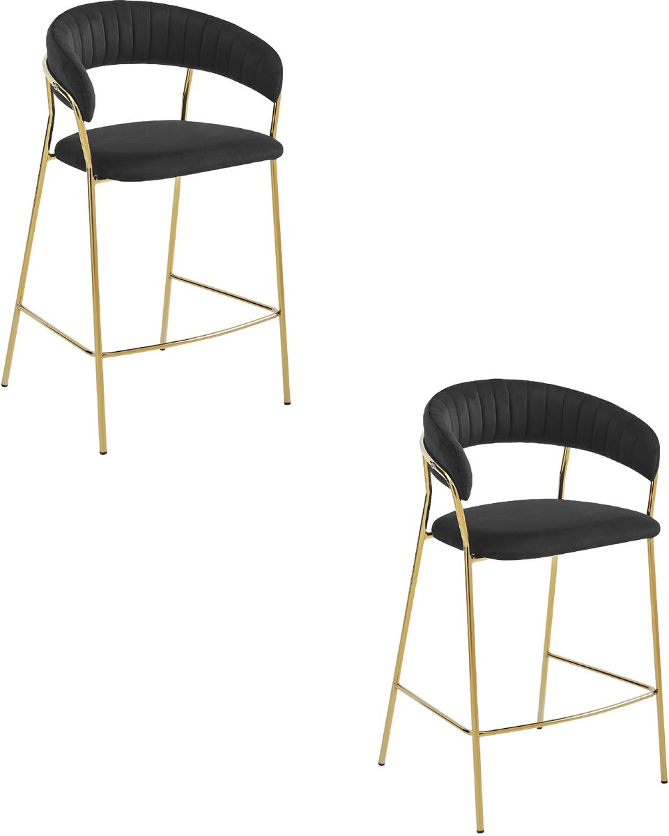 LEOBERT Set van 2 - Barkrukken BADIA - Zwart - Velvet Bekleding - Gouden Metalen Poten - Stijlvol en Comfortabel, Max. 120 kg