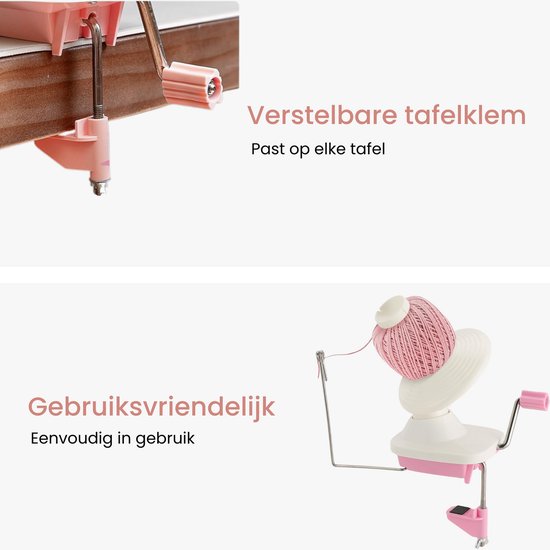 Details van de roze verstelbare tafelklem en de witte en roze garenmolen met een bol roze garen.