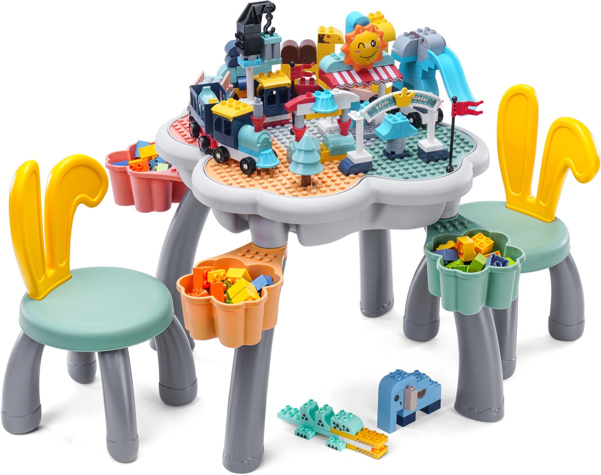 【Super Bonus Bouwpakket incl. 173 Blokken】Compatibel met DUPLO - Kindertafel met 2 Stoeltjes en 4 Bakjes - Blokkentafel - Speeltafel - Knutseltafel - Zandbak - Waterbak - Bouwplaat for Grote-Bouwstenen - Multifunctionele Bouwtafel【WonderMind BA-F002】