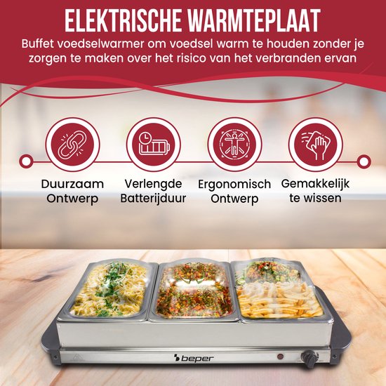 Beper - Warmhoudplaat - Buffet Warmer - Chafing Dish - Rechaud - Elektrisch - 2x2.4L & 2x1.1L - Roestvrij Staal — afbeelding 3