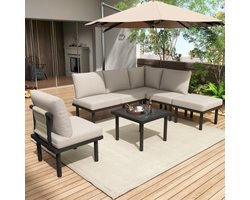 Tuin lounge stoel set met gegalvaniseerd ijzeren frame, set van 6, touw tuinmeubelset, beige gevlochten touw, verstelbare poten, glad glazen tafelblad, inclusief alle zit- en rugkussens, beige