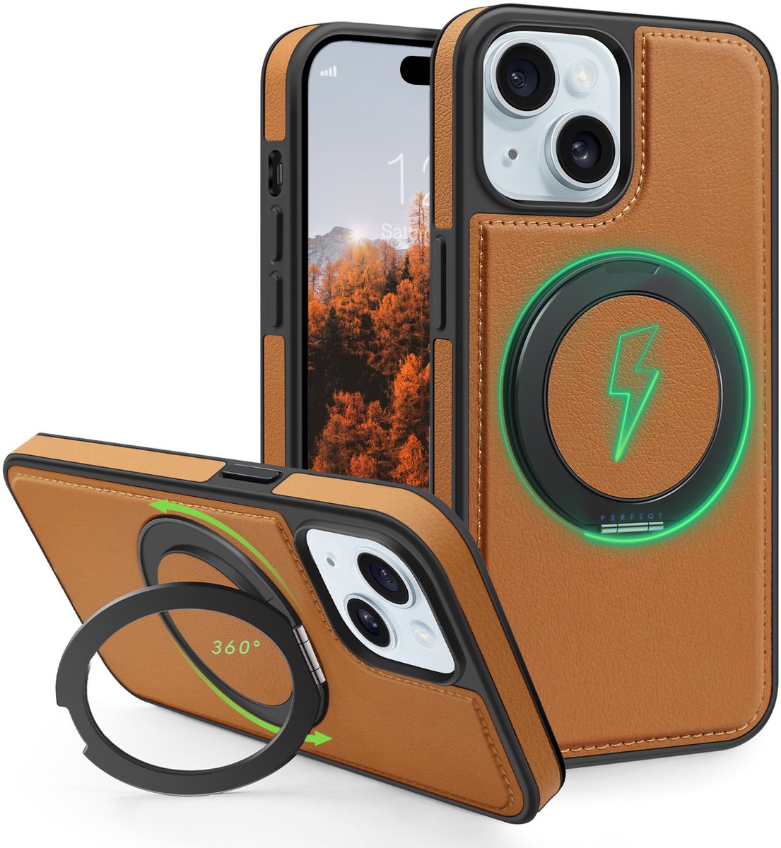 Perfeqt hoesje geschikt voor iPhone 15 leren BackCover met 360° Kickstand & Keyring houder - Rich Brown