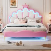 Plat bed 140 x 200 cm met hoofdeinde - bekleed met PU-leer - LED's