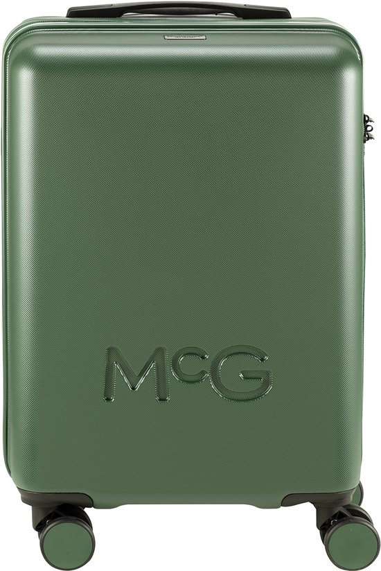 Donkergroene McGregor koffer met 'MCG' logo, met vier wielen.