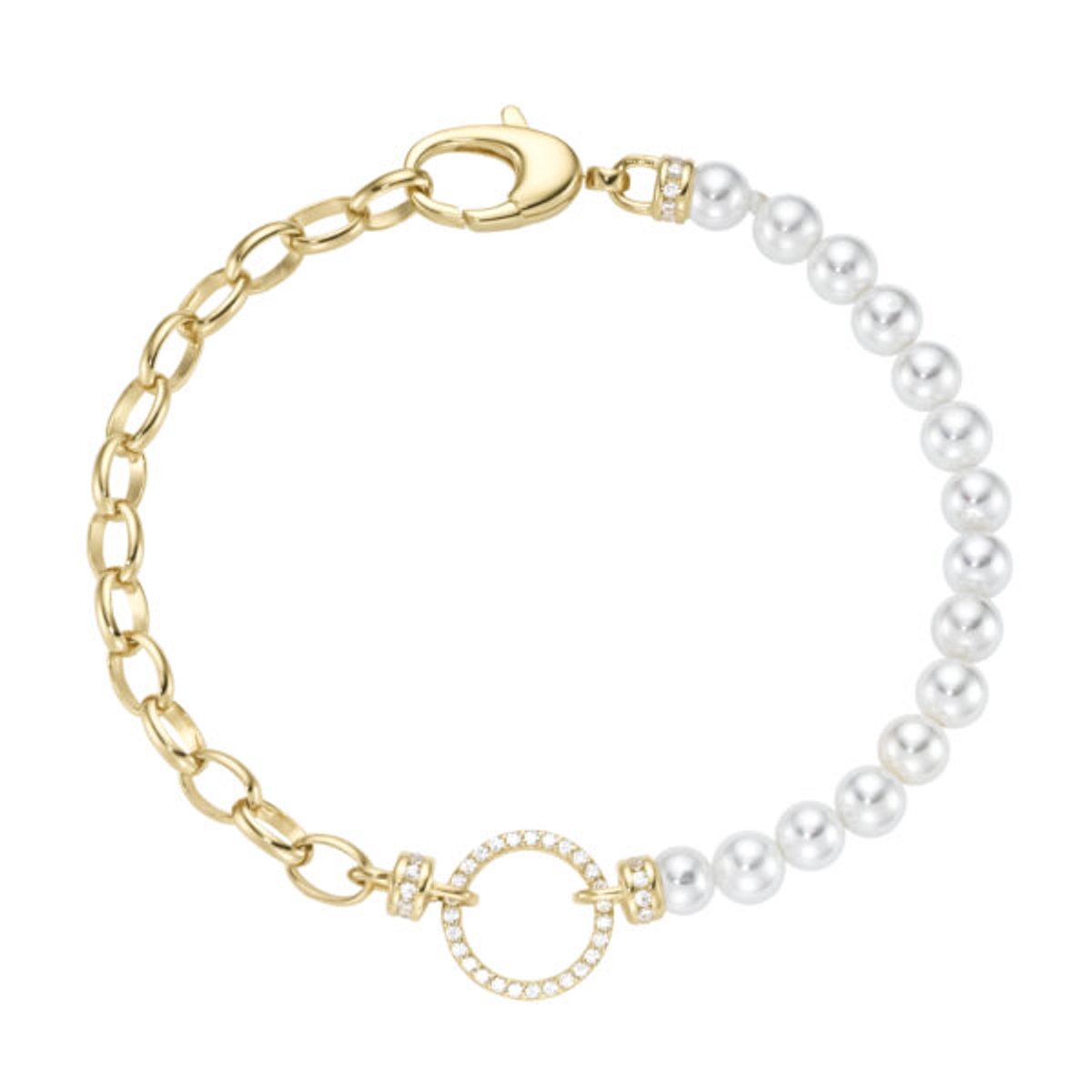 Armband 19 cm schelp parels zirkonia wit 925/000 Sterling zilver geelgoud verguld.