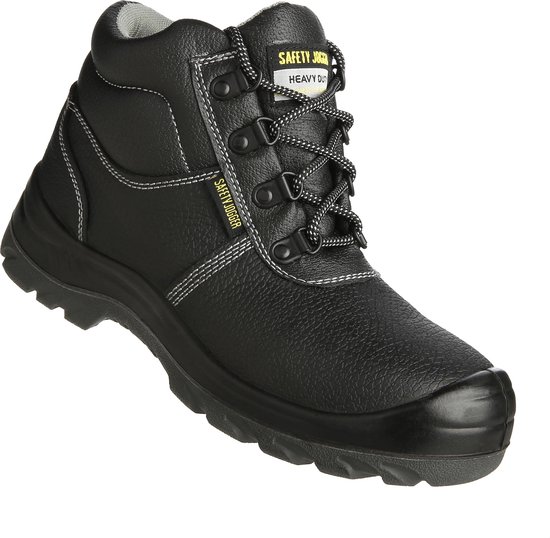 Chaussure de travail noire haute avec lacets et coutures blanches. Étiquette avec 'SAFETY JOGGER HEAVY DUTY'.