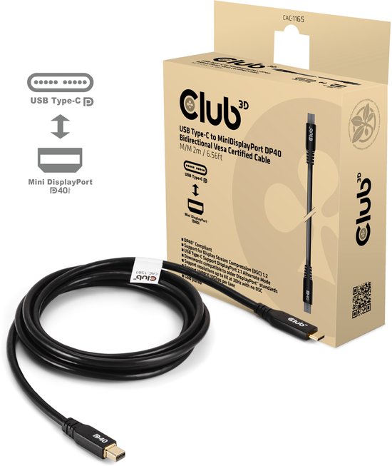 CLUB3D CAC-1561 DisplayPort kabel 2 m Mini DisplayPort USB Type-C Zwart