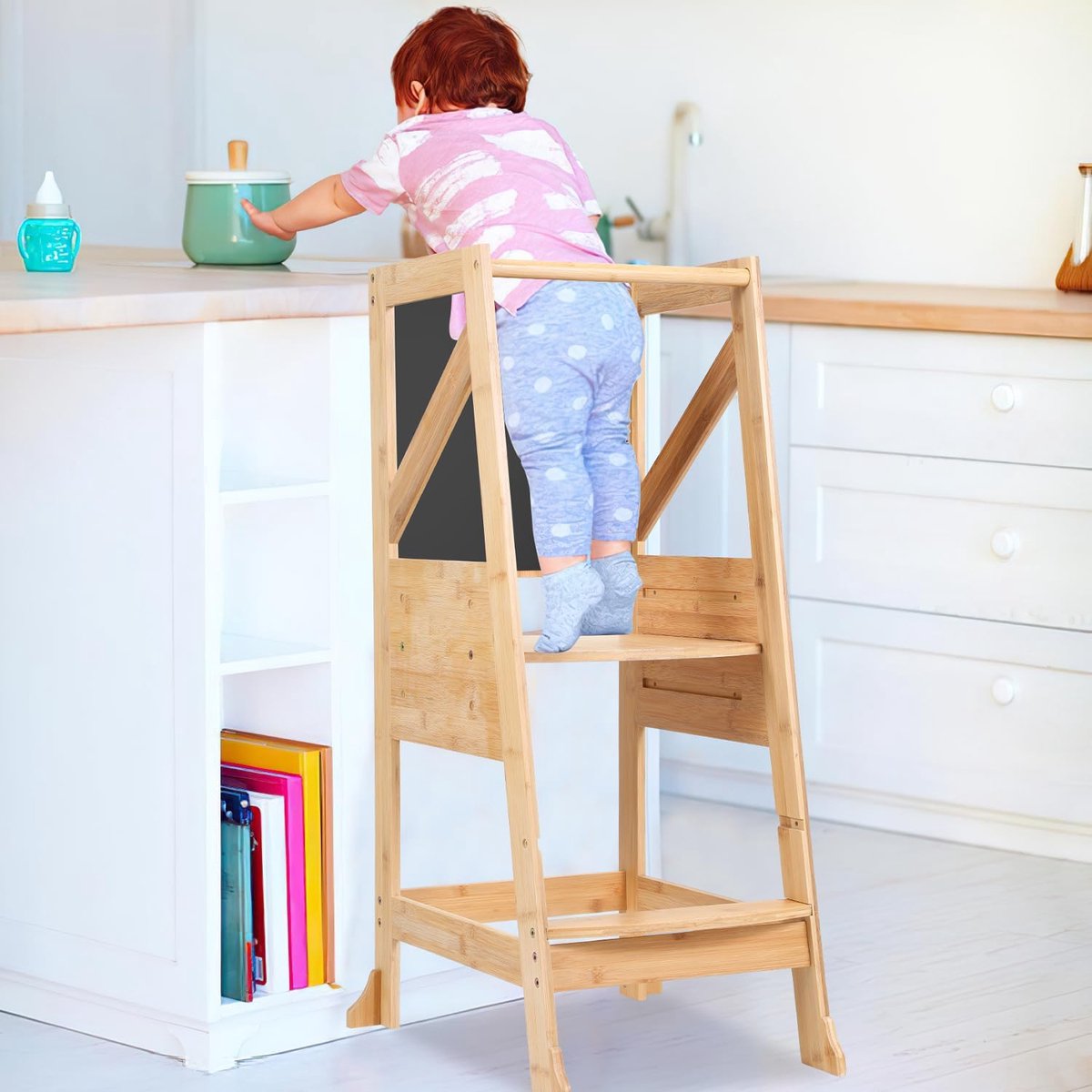 Montessori leertoren voor kinderen - Keukentoren en opstapkruk met dubbelzijdig tekenbord - Veilig en verstelbaar
