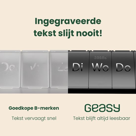 GEASY Pillendoos 7 dagen - Pillendoos - Pillendoosje Ingegraveerde Nederlandse Tekst - Medicijndoos 7 dagen - Pillendoosje - Medicijndoosje - Pillendoosjes - Medicijn Organizer - Zwart