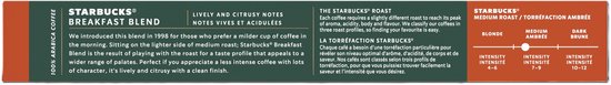 Starbucks Breakfast Blend, café 100% Arabica. Torréfaction ambrée, notes vives et acidulées.