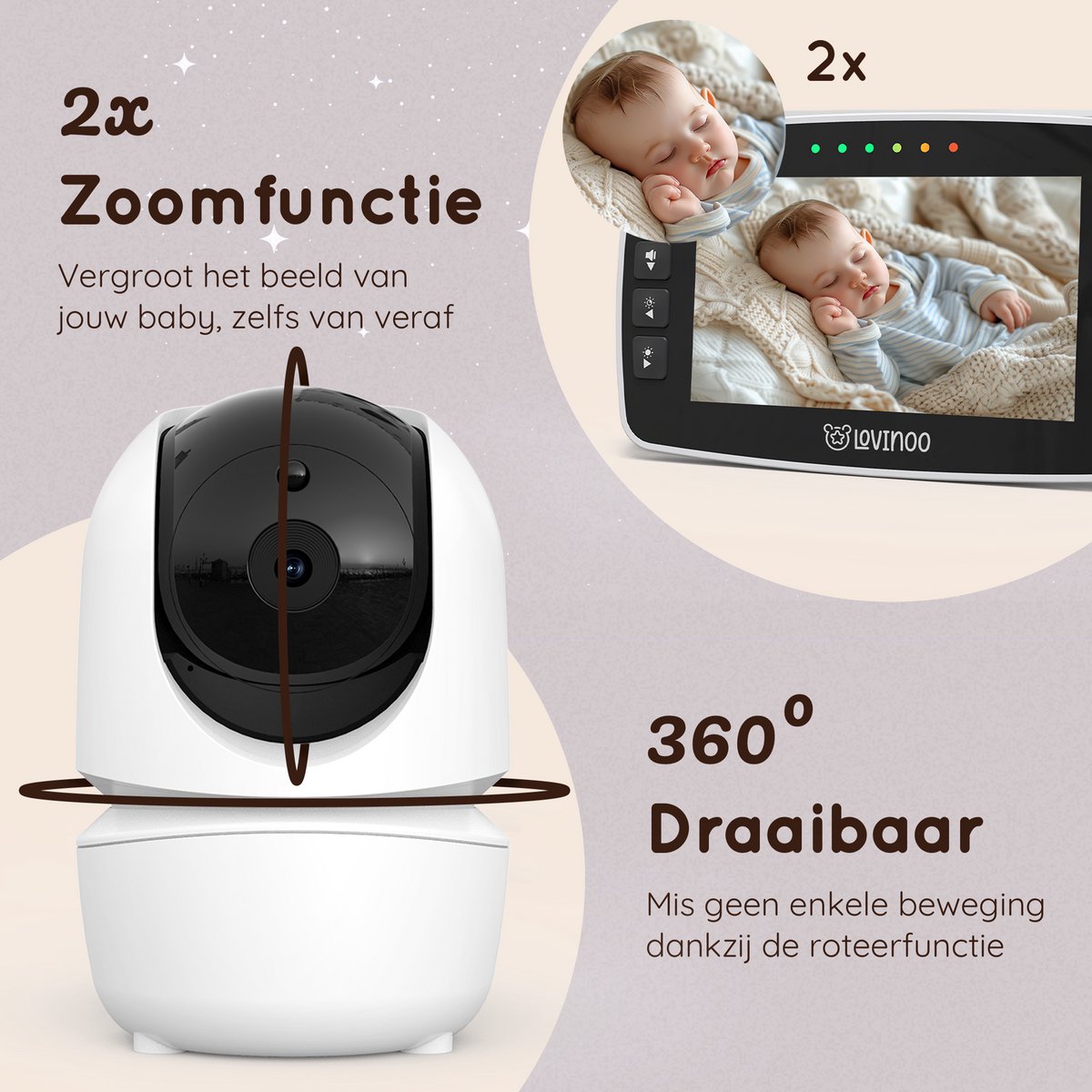 Lovinoo Babyfoon met 2 Camera's - Baby Monitor - Op Afstand Bestuurbaar - Babyphone - Temperatuursensor - Uitbreidbaar Tot 4 Camera's - Terugspreekfunctie - Zonder Wifi en App - 4.3 Inch HD Scherm thumbnail 4