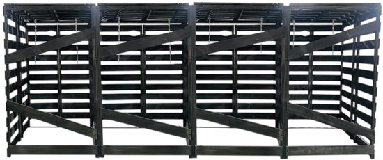 Binnenaanzicht van de viervoudige grijze houten containerberging met zichtbare interne dwarsbalken.