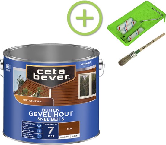 CetaBever - CetaBever - Pakket - Buiten Gevel & Kozijn Snel Beits - Zijdemat - Teak - 2.5 Liter + Beitsset