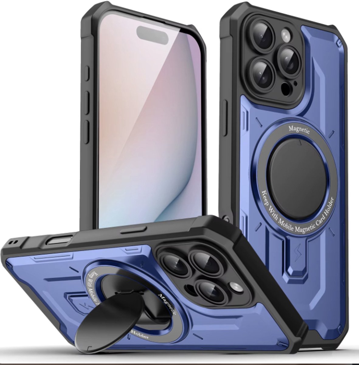 iPhone 16 Pro Hoesje met Magneetring & Kickstand – Valbestendig en Functioneel - Blauw