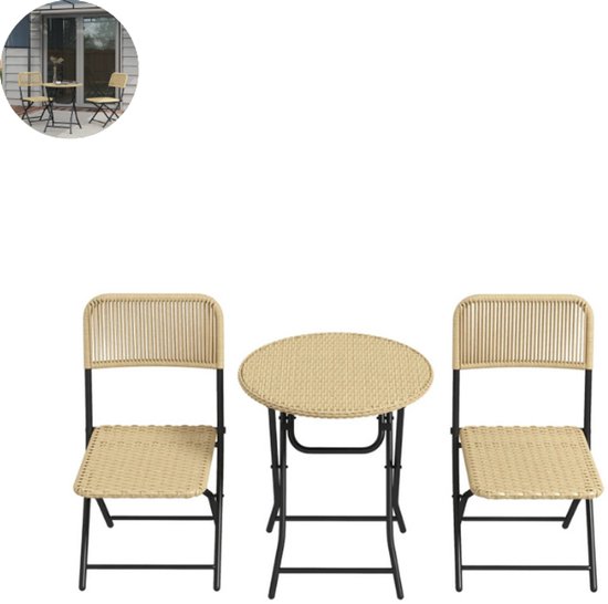 Relaxdays Balkonset 3 Delig Bistroset Kunststof & Staal 2 Persoons Houtlook Zwart 595014845