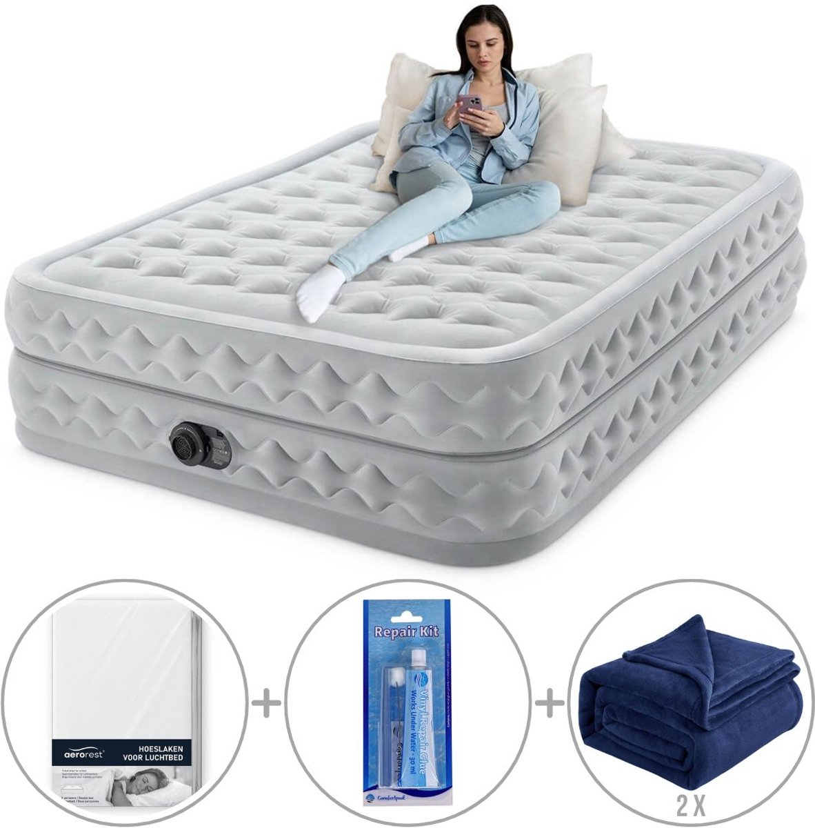 Intex Queen Supreme Air-Flow Luchtbed met ingebouwde pomp | Tweepersoons | 203 x 152 x 51 cm | Inclusief reparatiekit + hoeslaken + twee fleece dekens