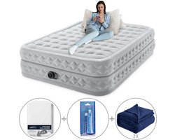 Intex Queen Supreme Air-Flow Luchtbed met ingebouwde pomp | Tweepersoons | 203 x 152 x 51 cm | Inclusief reparatiekit + hoeslaken + twee fleece dekens