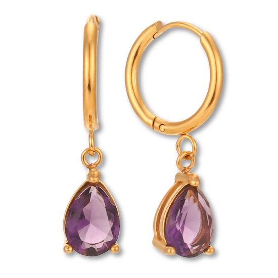 Marama - Oorbellen Esmee Paars - damesoorbellen - stainless steel gold plated - 18k goud - oorbellen - kliksluiting - paarse zirkonia - gouden hoops