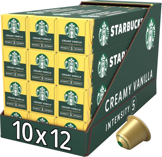Display met 12 doosjes Starbucks Creamy Vanilla koffiecups. 10x12.