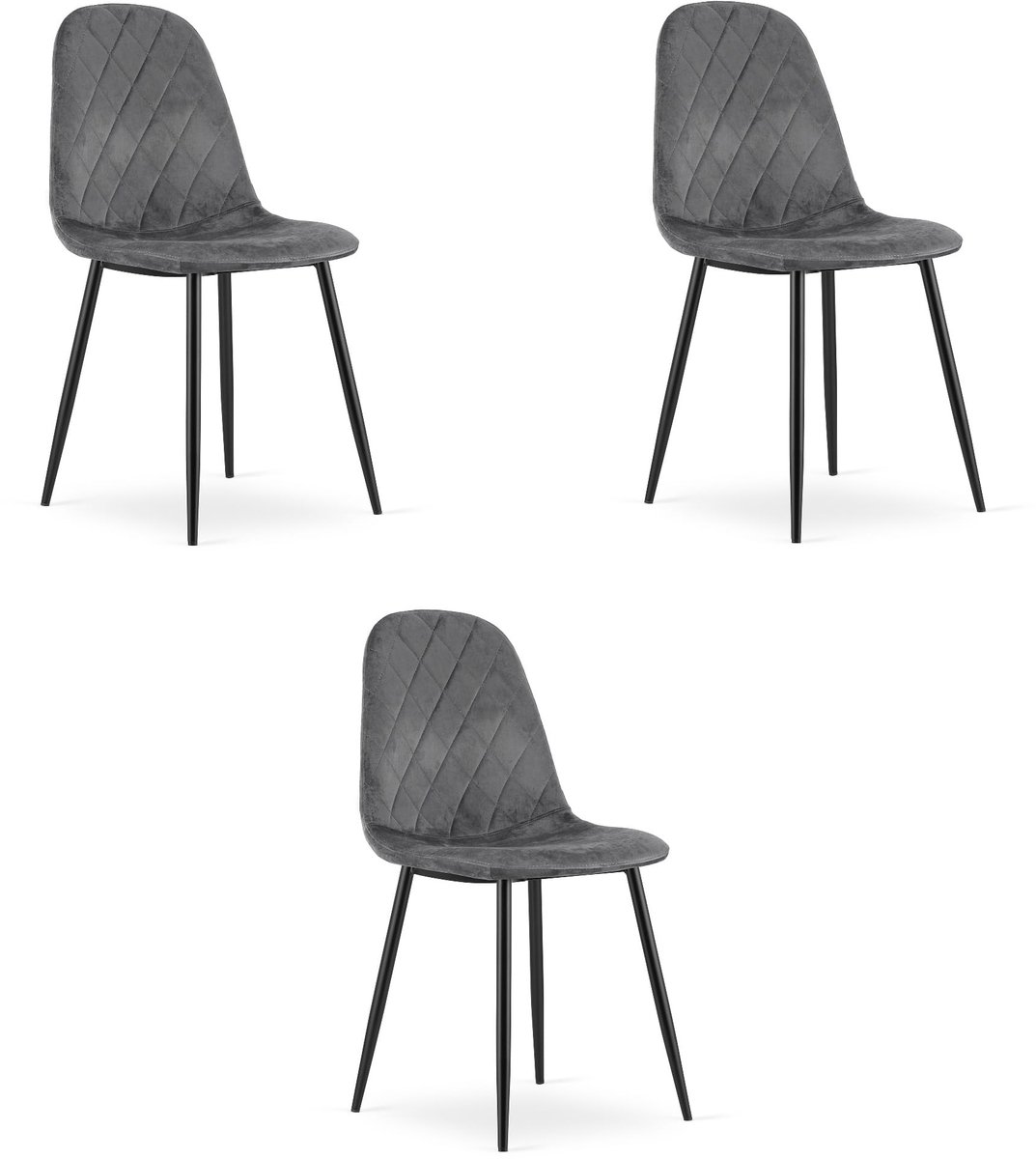 LEOBERT ASTI Velvet Design Stoelen – Set van 3 – Donkergrijs Fluweel – Metalen Poten – Modern & Ergonomisch – Max. 120 kg