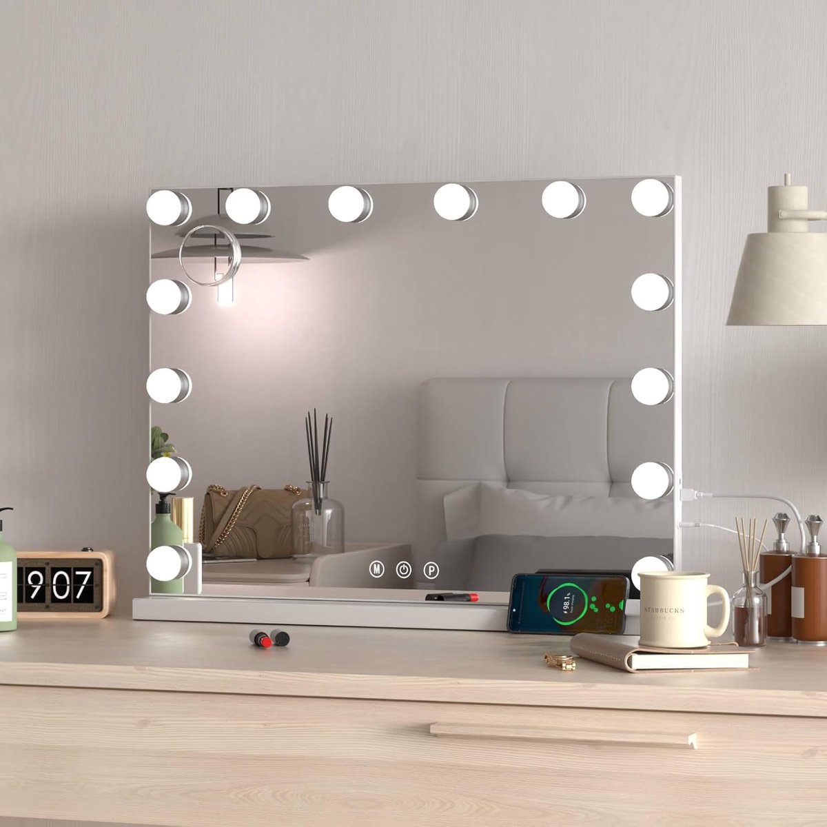 Hollywood Make Up Spiegel met Verlichting - Holywood – Visagie – 50 x 40 cm - Zonder Rand – 14 Led Lampen - Met 3 Lichtstanden - Wit