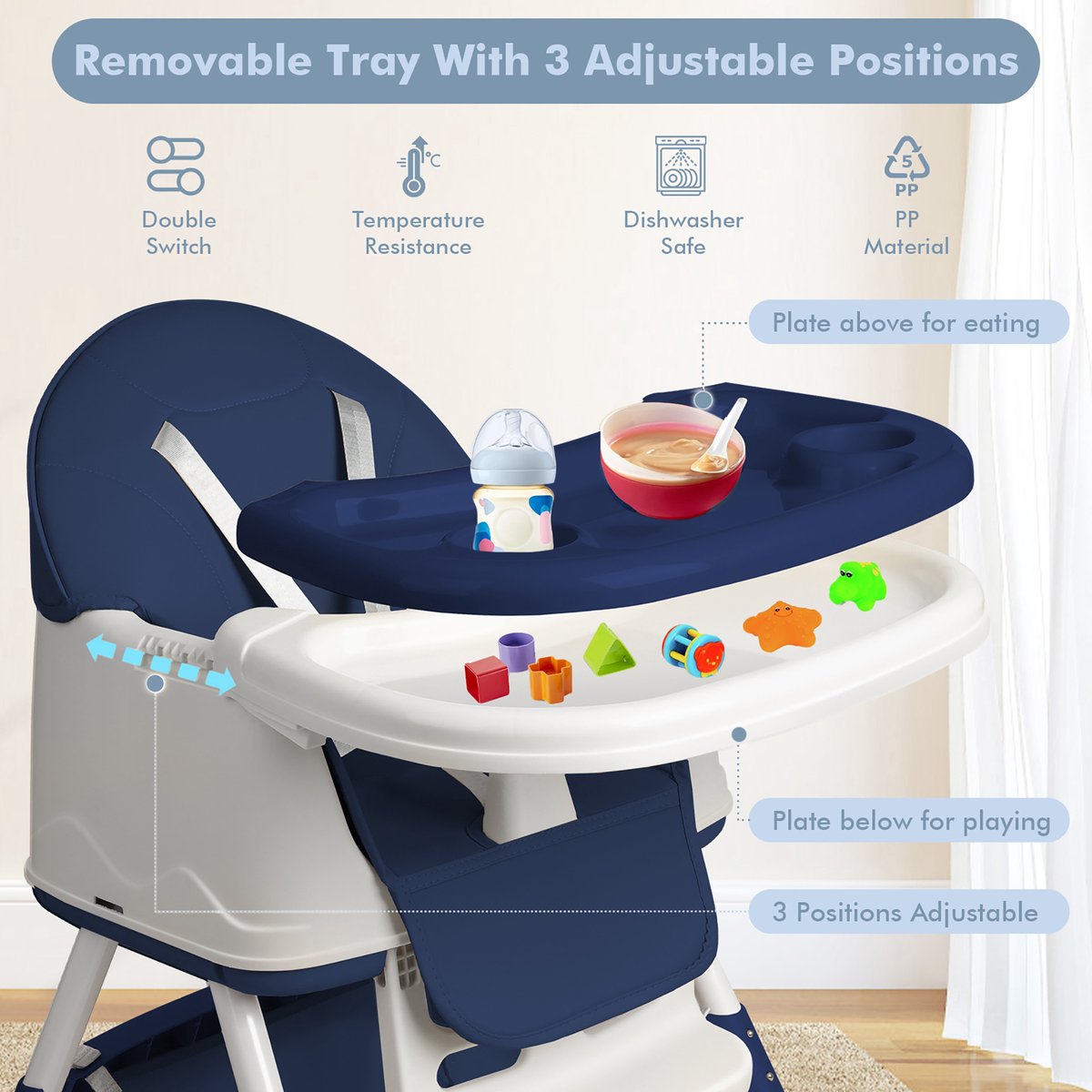 NAIZY Kinderstoel Babystoel 3-in-1 Multifunctionele Eetkamerstoel met 5-punts veiligheidsgordel, Dubbel Blad en Afneembaar Kussen, Blauw thumbnail 4