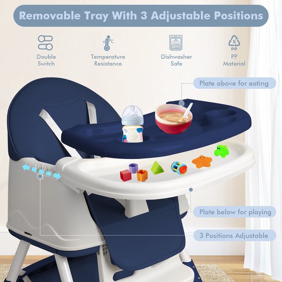 NAIZY Kinderstoel Babystoel 3-in-1 Multifunctionele Eetkamerstoel met 5-punts veiligheidsgordel, Dubbel Blad en Afneembaar Kussen, Blauw van NAIZY — afbeelding 4