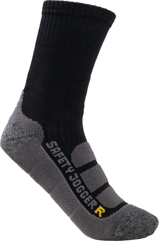 Zwarte werksok van Safety Jogger met grijze accenten en logo. Verkrijgbaar in maat 38-40.