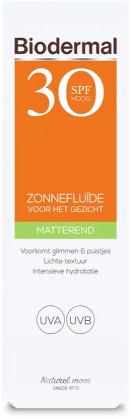 Biodermal Zonnebrand -  Matterende Zonnefluïde voor het gezicht SPF 30 - 40ml - Voorkomt glimmen en puistjes