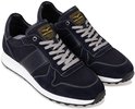 Paar donkerblauwe PME Legend sneakers, van suède en textiel, met witte stiksels en grijze veters.
