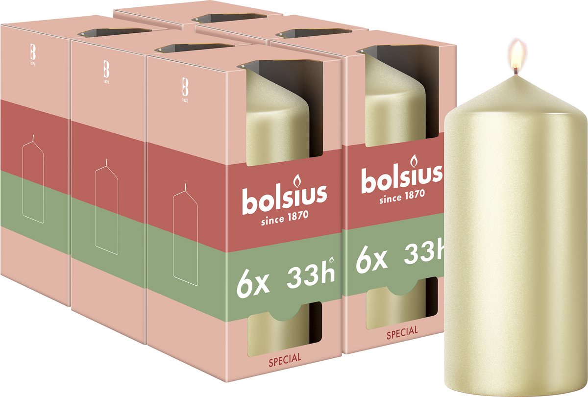 Bolsius Gladde Stompkaars - 6 stuks - Metallic Wit Zilver - 12 cm - 33 Branduren
