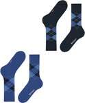 Twee paar donkerblauwe Burlington sokken met lichtblauw ruitpatroon.
