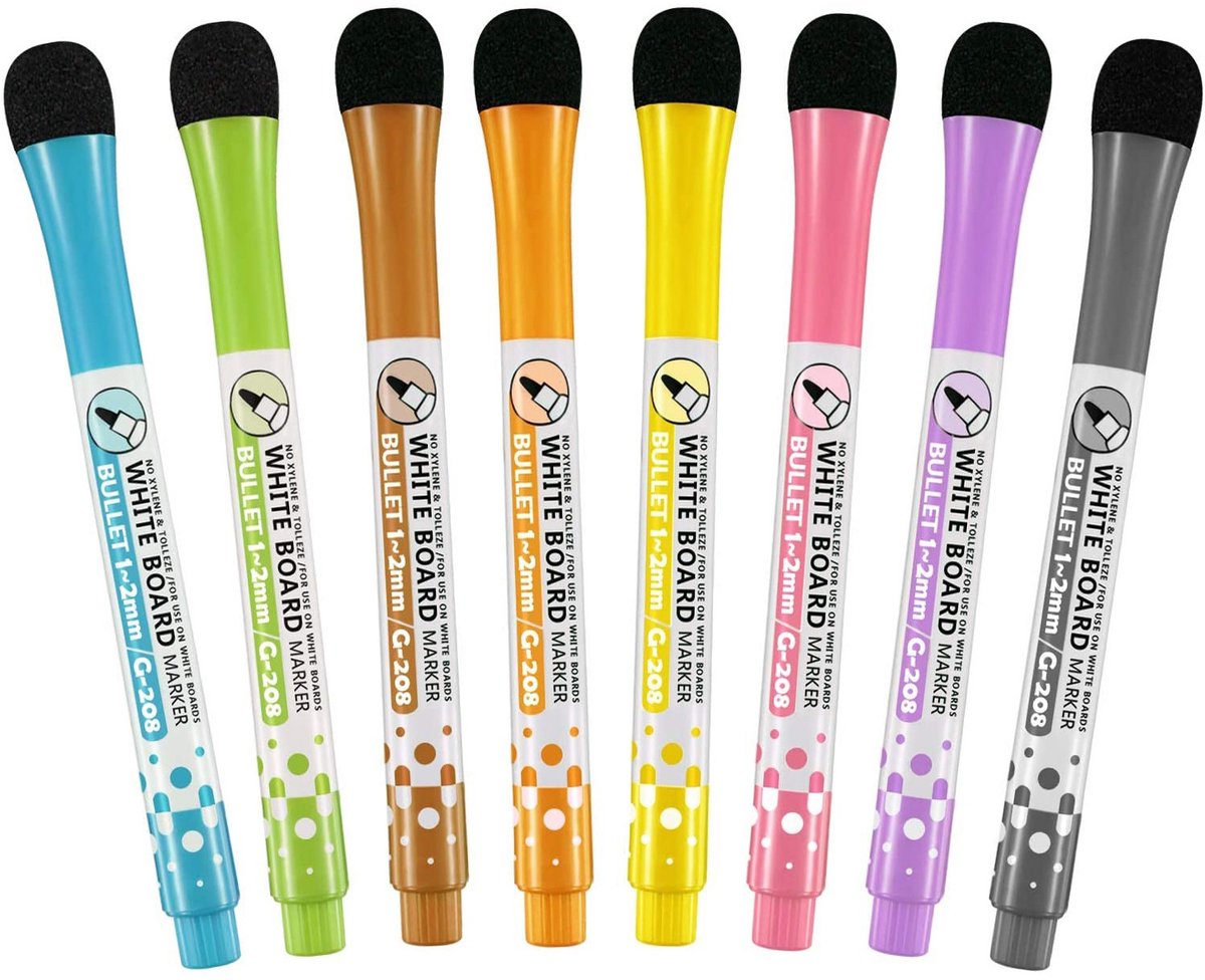 Bablue Whiteboard Stiften - 8 Stuks - Verschillende Kleuren - Magnetisch & Met Wisser - Voor Kinderen & Volwassenen