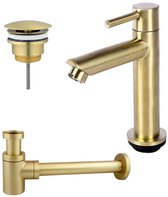 FugaFlow Eccelente Sobrado Badkamer fonteinkraanset met staande fonteinkraan laag, always open plug en design sifon PVD Geborsteld Messing