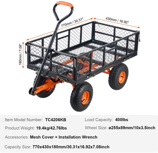 Tuinwagen - met Kantelfunctie - Kar - Transport - Boodschappen - StrandBolder - Opvouwbare - Heavy-duty - Draagbare - 180kg Laadvermogen - met 10" Wielen - en Verwijderbare Zijkanten van Merkloos	 — afbeelding 4