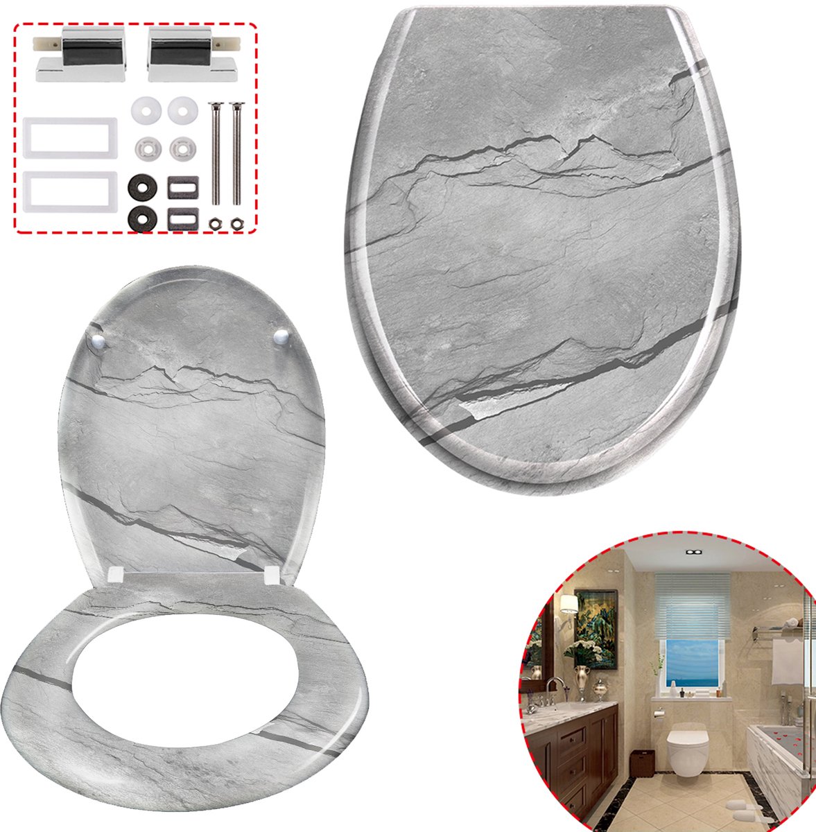 Aufun Toiletzitting, Toiletbri Met Softclosing Mechanisme Wc-Bril Gemaakt Van Mdf Universele - Maat Steenpatroon