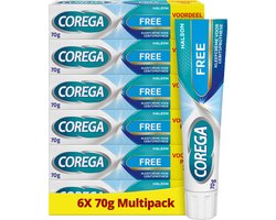 Corega Free - Kleefcrème - Kunstgebit - Sterke Fixatie - Bescherming Tegen Voedseldeeltjes - Comfort & Smaakvrij - 6 x 70 g