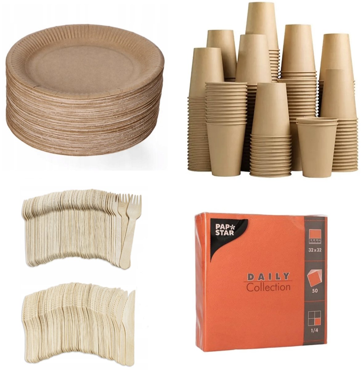 Image of 250 stuks x Houten wegwerp bestek set eco/milieubewust – 50 bruine kartonnen borden 23cm + 50 kartonnen bekers 240ml+ 50 Vorken 16cm + 50 messen 16cm+ 50 servetten oranje 32x32cm Feest/verjaardag/BBQ picknick