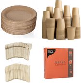 250 stuks x Houten wegwerp bestek set eco/milieubewust – 50 bruine kartonnen borden 23cm + 50 kartonnen bekers 240ml+ 50 Vorken 16cm + 50 messen 16cm+ 50 servetten oranje 32x32cm Feest/verjaardag/BBQ picknick
