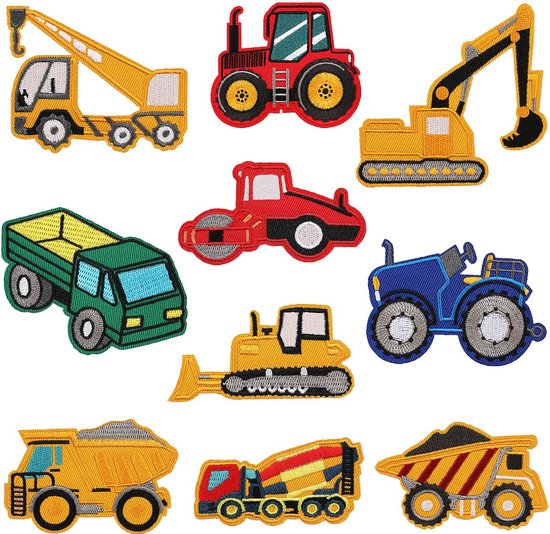 KZQ 10 pièces - Patchs thermocollants - Broderie - Joli camion de chantier de dessin animé - Patchs de broderie - Pour accessoires de bricolage, chapeaux, manteaux, sacs, jeans