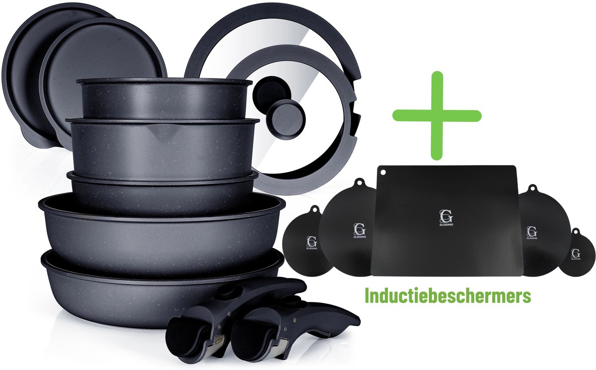 Glissimo - 20-delige Keramische Pannenset Zwart – Afneembare Handgreep – Non-stick & PFAS-vrij – Inclusief Inductiebeschermers & Panbeschermers – Stapelbaar – Geschikt voor Alle Warmtebronnen – BPA-vrij & Hittebestendig