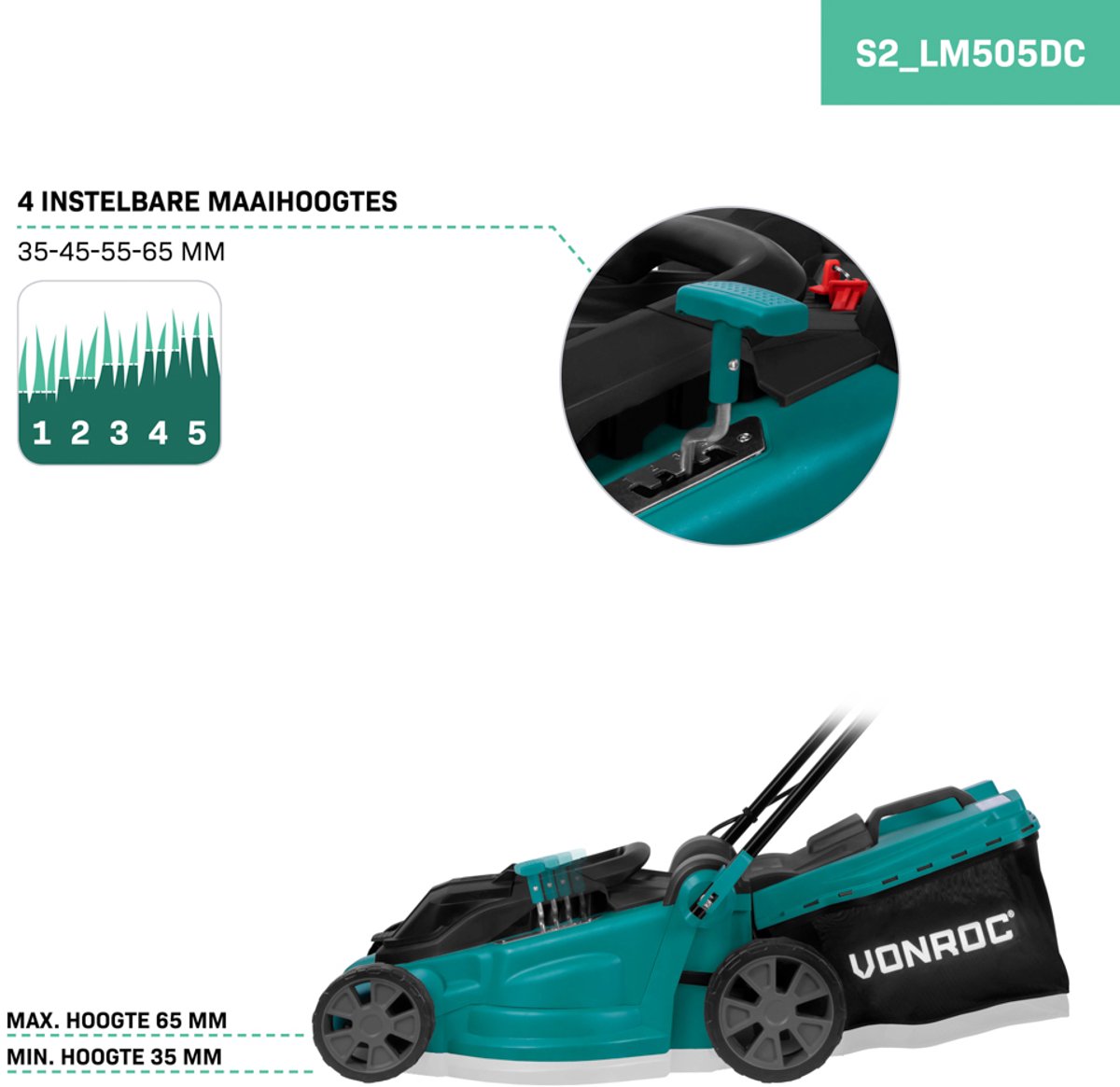 VONROC Accu Grasmaaier – 40V – 38 cm maaibreedte - Vier instelbare maaihoogtes: 35/45/55/65 mm - Incl. 45L Opvangbak - Incl. 2x 2.0Ah Accu en dubbele snellader – foto 5