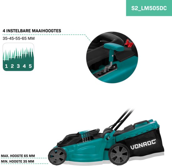 VONROC Accu Grasmaaier - 40V - 38 cm maaibreedte - Vier instelbare maaihoogtes: 35/45/55/65 mm - Incl. 45L Opvangbak - Incl. 2x 2.0Ah Accu en dubbele snellader van VONROC — afbeelding 5