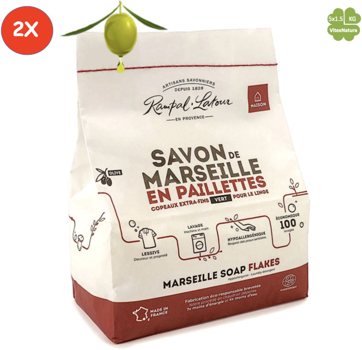 Marseille zeepvlokken groen met olijf olie 2x 1.5 kg | Rampal Latour | Zuinig Ecologisch Milieuvriendelijk Hypoallergeen | Zonder conserveermiddel
